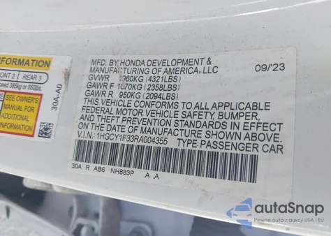 2024 Honda Accord Ex z USA, uszkodzony, nr VIN 1HGCY1F33RA004355